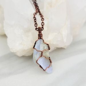 Blue Chalcedony Necklace Jewelry Men Women Crystal Stone Copper Artisan Handmade